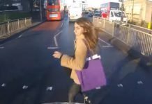 Motorcycle sends ditsy pedestrian flying across road Motorcycle hits women running for London Bus