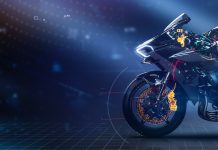 The future of motorcycle riding is about to get a lot more automated Modern sports motorcycle technology concept with highlighted par